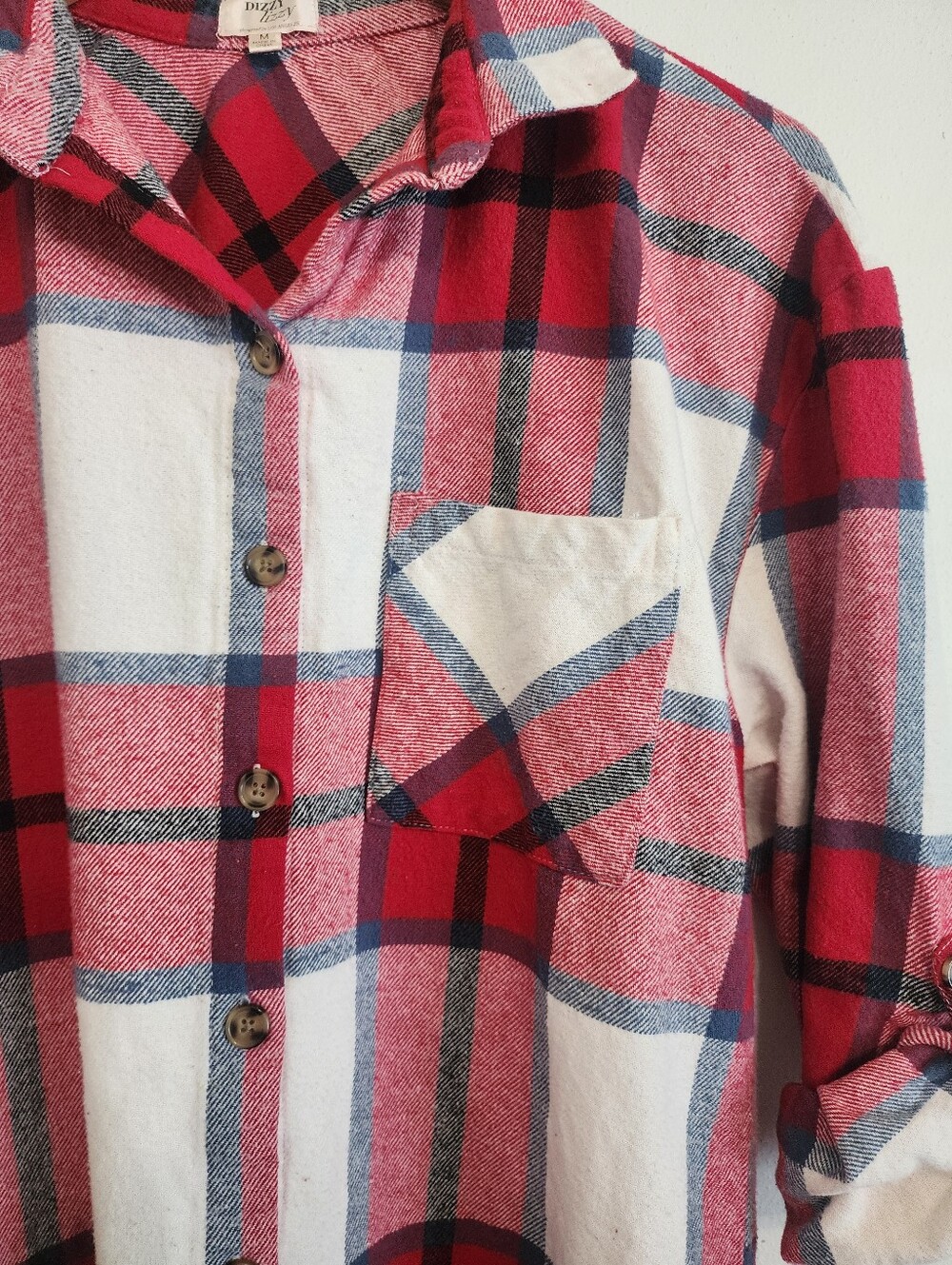 Plaid Flannel Dress Duster Button Down Long Sleeve Red White Med Dizzy Lizzy - Picture 9 of 15